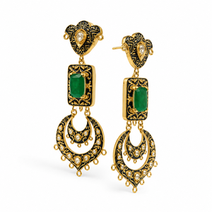 Pendientes Chandbali Meenakari Azul Rey al por Mayor con Piedra Verde Tallada, Pendientes Colgantes Rectangulares, Joyería India Polki Kundan - Product Image 2
