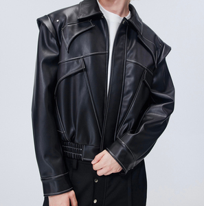 Veste en cuir PU noir pour homme, col rabattu, fermeture éclair, couleur unie, longueur normale, style streetwear - Product Image 2