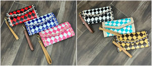 Portefeuille pour femme en cuir véritable à carreaux, personnalisé avec logo, prix de gros, avec porte-téléphone et porte-cartes, pochette avec dragonne - Product Image 4