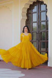 Exclusive Indian Wedding and Festival Wear Anarkali Fancy Faux Blooming Material Gowns with <b>Beads</b> Embroidery Work Dress - Product Image 6