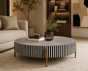 Table basse ronde moderne faite à la main, noire et blanche, en bois, meuble d'appoint pour salon - Product Image 3