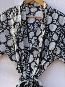 Peignoir Kimono Floral Noir pour Femme, Léger en Coton, Robe de Chambre d'Été, Tenue de Spa, Robe de Plage avec Ceinture - Product Image 2