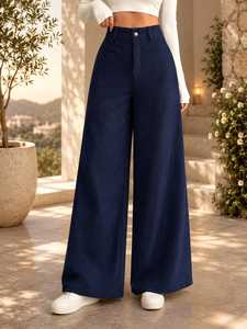 Women's High Waist Wide Leg Corduroy Pants Solid Color Loose Fit Full Length Casual Autumn Style Button Fly Flat Front - Product Image 2