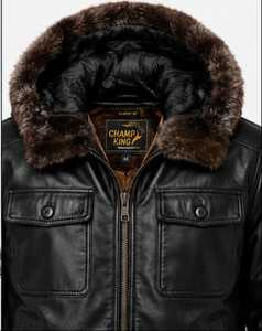 Blouson en cuir pour homme avec col en fausse fourrure et fermeture éclair - Product Image 6