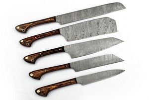 Juego de 5 Cuchillos de Cocina Hechos a Mano de Acero de Damasco con Hoja Recta y Punta Caída, con Mangos de Madera, Personalizables OEM/ODM/OBM - Product Image 3