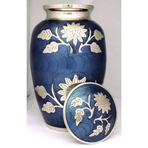 Urne funéraire classique en métal gravée de fleurs bleues, style américain, pour cendres humaines d'adultes, en promotion - Product Image 1