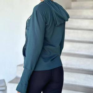 <b>Women</b> Hooded Zipper Sweatshirt Solid Color Long Sleeve Knitted Cotton Breathable Autumn Wear - Product Image 4