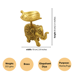 Brass Antique <b>Elephant</b> Deepam With Leaf Diya Bowl Handcrafted Traditional Pooja Oil Lamp For Home Temple - Product Image 2