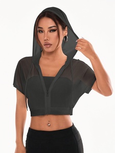 Haut court à capuche en mousseline de soie noire pour femme avec fermeture éclair, manches courtes, couleur unie, respirant, idéal pour l'été - Product Image 1
