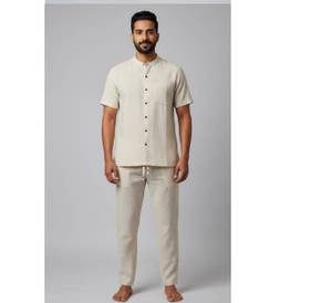 Wholesale Men's Mandarin Collar Linen Cotton yoga we Set Short Sleeve Button <b>Down</b> Shirt Drawstring <b>Trousers</b> Casual 2-Piece - Product Image 3