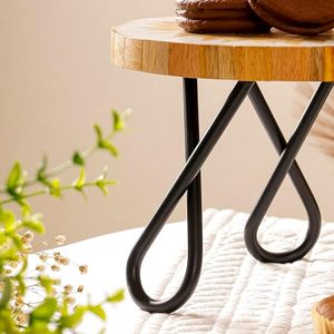 Support à gâteau rond en bois avec incrustations géométriques, présentoir à desserts, plateau de service sur pieds métalliques pour fêtes et décoration intérieure - Product Image 2