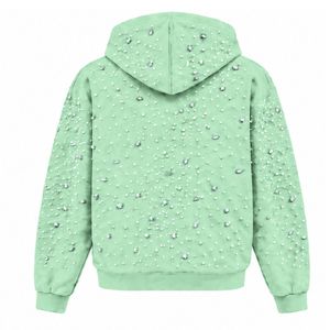 Sweat à capuche vert menthe avec fermeture éclair et perles, veste streetwear tendance à manches longues, sweat-shirt décontracté à capuche avec poches avant - Product Image 2