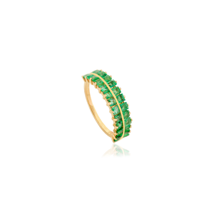 Nuevo Anillo de Media Eternidad de Doble Hilera con Gema de Esmeralda de 2x2mm, Diseño Elegante, Piedra de Nacimiento de Mayo, Oro Amarillo Puro de 14K, Joyería Personalizada - Product Image 3