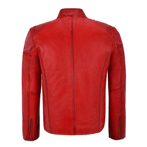 Blouson moto homme en cuir véritable rouge, col montant, fermeture éclair, coupe ajustée, longueur standard, couleur unie, style motard, en vente - Product Image 3
