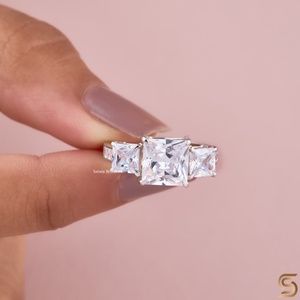 Three <b>Stone</b> Princess Cut Moissanite Engagement Ring Prong Setting Wedding Elegant Timeless Design - Product Image 1