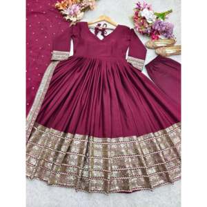 FD Hermoso Vestido Anarkali Color Café, Talla L, para Fiestas, Conjunto de Pantalón y Dupatta de Poliéster - Product Image 3