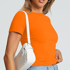 Camiseta de manga corta con cuello redondo y forro para mujer, camiseta básica de punto elástico con cuello redondo y manga corta para mujer - Product Image 6