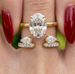 Modern Oval Lab Grown Diamond Two Ring Wedding Set With Pear Round Accent Design In <b>Solid</b> Gold Bridal Jewelry - Product Image 4