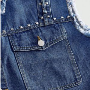 Gilet en jean à col rabattu, couleur unie, vêtement d'extérieur décontracté, en coton tissé, simple boutonnage, détails effilochés, idéal pour le printemps - Product Image 5
