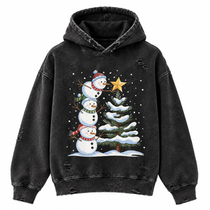 Sudadera con Capucha Negra Unisex de Algodón 100% Lavado Estilo Vintage para Navidad, con Gráfico de Muñeco de Nieve y Árbol, Diseño Desgastado, Oversize, Gruesa para Invierno - Product Image 1