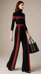 Women's Black Turtleneck Tracksuit Set <b>With</b> Red Green Striped <b>Wide</b> <b>Leg</b> Pants - Product Image 3