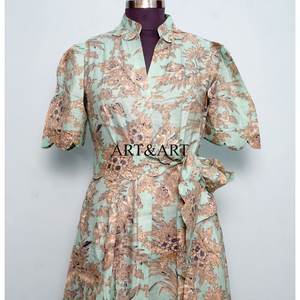 Vestido Midi de Algodón con Estampado Floral Indio, Estilo Bohemio, Estampado a Mano, Mangas Cortas, Corte en A, Informal, para Mujer - Product Image 4