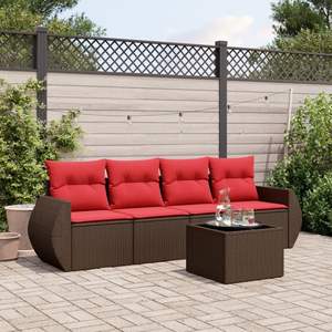 Set di divani da giardino in polyrattan marrone da 5 pezzi con cuscini - Product Image 1