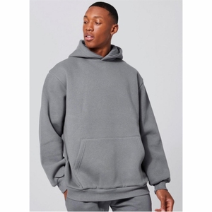 Sweat-shirt à capuche oversize pour homme, gris uni, en molleton de coton, décontracté, manches longues, avec poche, hiver, brodé 2027 - Product Image 1