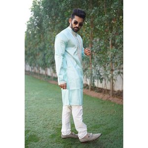 DISEÑADOR SEDA CON CODIFICACIÓN TRABAJO KURTA CON PAYJAMA SKY - Product Image 1