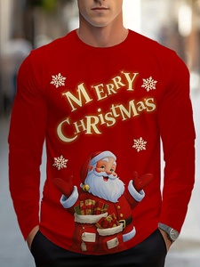 Mens <b>Christmas</b> Long Sleeve <b>T</b>-<b>Shirt</b> Red O-Neck Printed Santa Claus Merry <b>Christmas</b> Cartoon Tee - Product Image 4