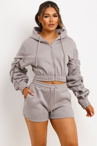 Conjunto Deportivo de 2 Piezas Color Gris, Sudadera Corta con Cremallera y Pantalones Cortos, Ropa Casual de Primavera, Color Sólido, Bolsillos Laterales - Product Image 5