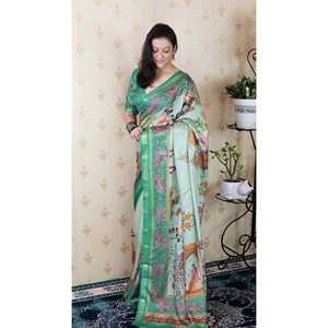 Sari en soie Tussar vert marine Elite Weaves, imprimé Pattachitra, tissé avec des fils Zari, pour femmes, 450g - Product Image 3