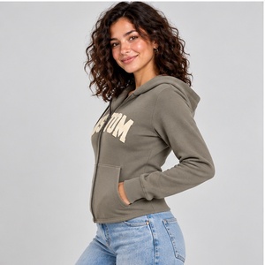 Sweat à capuche zippé en polaire pour femme, imprimé personnalisé, vert olive, décontracté, avec poches kangourou avant, vente en gros - Product Image 4