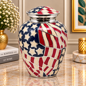 Distinguished American Flag Cremation Urn with Intricate <b>Mosaic</b> Artwork Red White Blue Enamel Detailing and Lustrous - Product Image 1