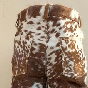 Pantalon en cuir de vache véritable pour homme et femme, style western, en cuir de vachette à poils, marron et blanc taché, coupe ajustée - Product Image 5