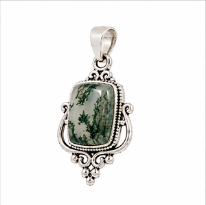 Moss Agate Silver Pendant, Green Moss Agate Gemstone <b>Necklace</b>, Nature Inspired Boho Jewelry, Vintage Pendant, Gift for Her - Product Image 3