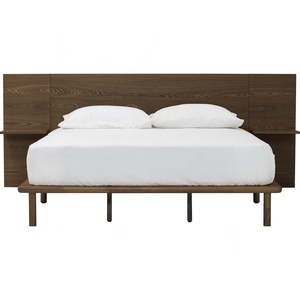 Base de Cama Queen Estilo Nórdico de Mediados de Siglo con Mesitas de Noche de Madera y Cabecero Ancho Extendido, Acabado Minimalista en Nogal - Product Image 2