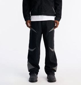 Vaqueros negros de hombre de corte recto con diseño geométrico de patchwork, ajuste holgado, cintura media, estilo streetwear, algodón lavado a la arena - Product Image 1