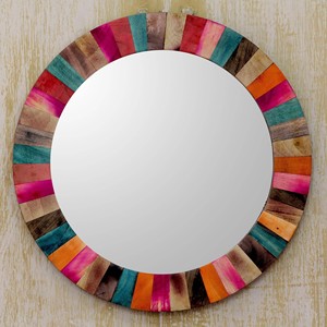 Hand-Painted Mango Wood <b>Round</b> <b>Wall</b> <b>Mirror</b> 26 Inch Indian Folk Art Multicolor Artisan Decor OEM - Product Image 2