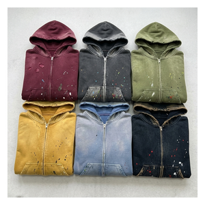 Wholesale Washed Distressed Men's Hoodie Splatter <b>Spray</b> Dyed <b>Bleached</b> Washed Fleece Lined Custom Logo Cropped Hoodie - Product Image 5