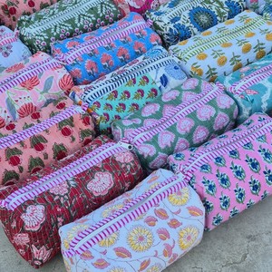 Bolsa de Cosméticos de Algodón con Estampado Floral Bohemio, Cierre de Cremallera Mediano, Organizador de Maquillaje Portátil, Patrones Rosa, Azul y Verde - Product Image 4