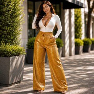Pantalon large en cuir gaufré crocodile, pantalon taille haute tendance, pantalon évasé en cuir véritable - Product Image 1