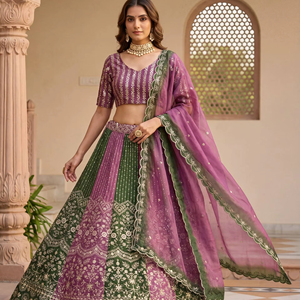 Latest Women Wear Recycled <b>Materials</b> Traditional Chinon Pedding <b>Sequins</b> Embroidery Work Heavy Lehenga Choli Silk Dupatta Set - Product Image 1