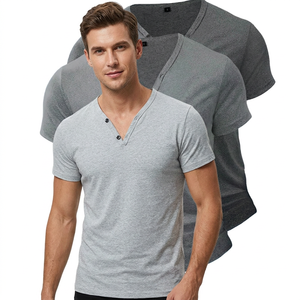 Camiseta de Manga Corta con Cuello en V para Hombre, Corte Ajustado, 100% Algodón Jersey, Color Sólido Informal, Transpirable, Diseño de Punto, Secado Rápido, 100% Algodón - Product Image 2