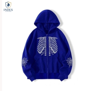 Sweat-shirt à capuche oversize bleu pour homme INDEX APPAREL, design squelette en strass, fermeture éclair, polaire, style gothique, vêtement d'automne - Product Image 1