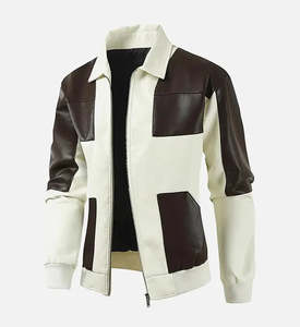 Custom Wholesale <b>Men's</b> Color Block PU Leather Jacket Streetwear Slim Fit Zip Up Vintage Casual Varsity Bomber <b>Coat</b> High Quality - Product Image 1