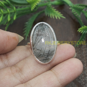 Natural Black Rutilated <b>Quartz</b> Oval Cabochon <b>Ring</b> 925 Sterling Silver Handmade Statement Jewelry Women Crystal Gemstone <b>Ring</b> - Product Image 5