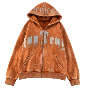 Sweat à capuche oversize pour homme, style streetwear, délavé à l'acide, imprimé lettres, broderie chenille, couleur foncée - Product Image 2