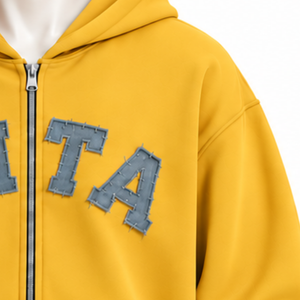 Mustard Mens <b>Full</b> <b>Zip</b> Hoodie Heavyweight Fleece Chenille Letter Patch Oversized Casual Streetwear <b>Sweatshirt</b> with Kangaroo - Product Image 6