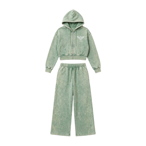 Conjunto Deportivo de Dos Piezas para Mujer, Sudadera con Capucha y Cierre, Pantalones Anchos, Estilo Lavado Ácido, 100% Algodón Ecológico, para Uso Casual - Product Image 1